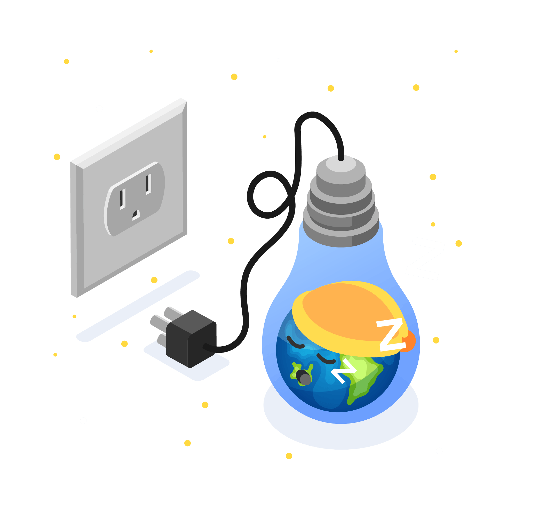 Earth hour concept with earth sleeping in light bulb plugged out of socket